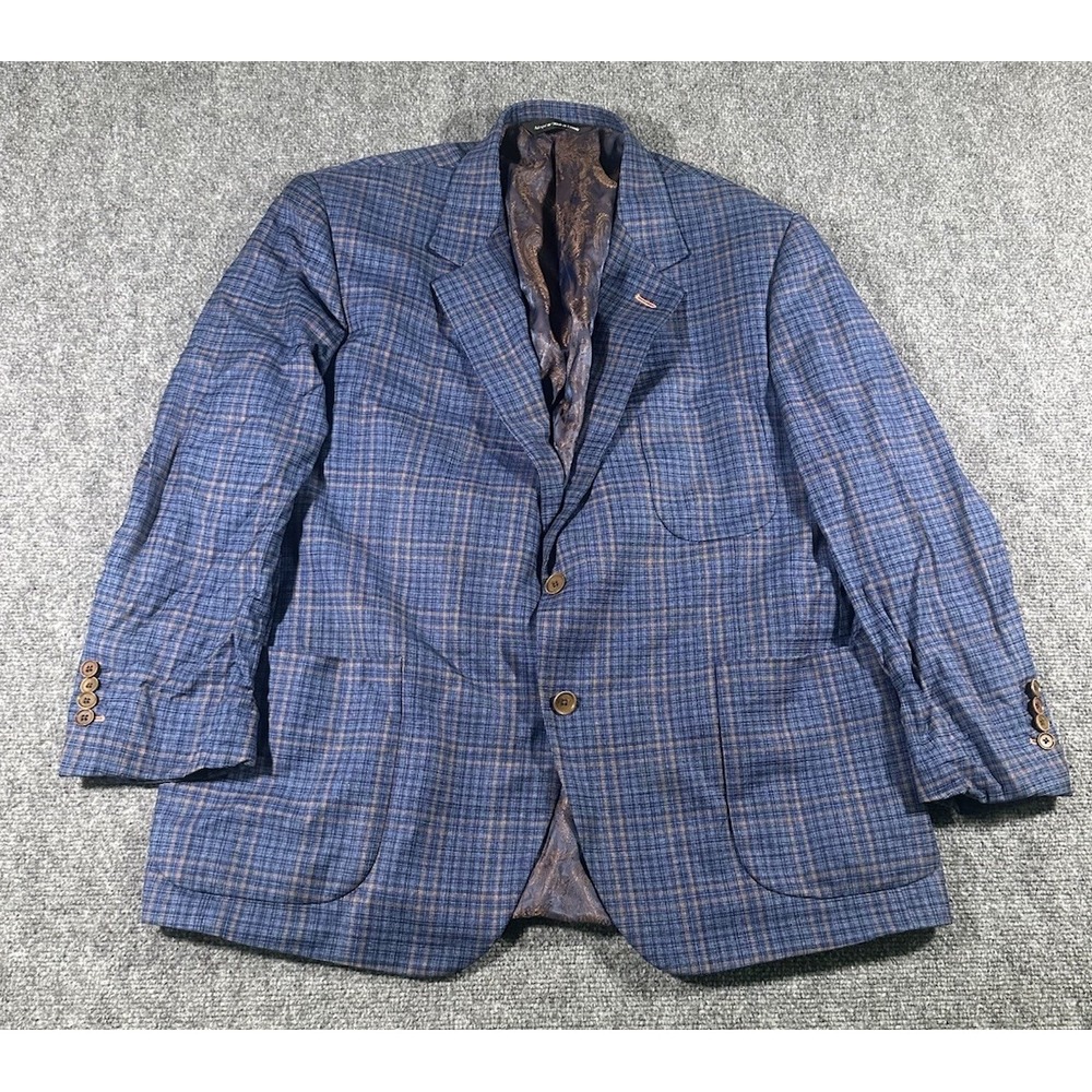 Coppley Mens 46R Blue Plaid Blazer REDA Italian Fabric Paisley Lined Super 130s